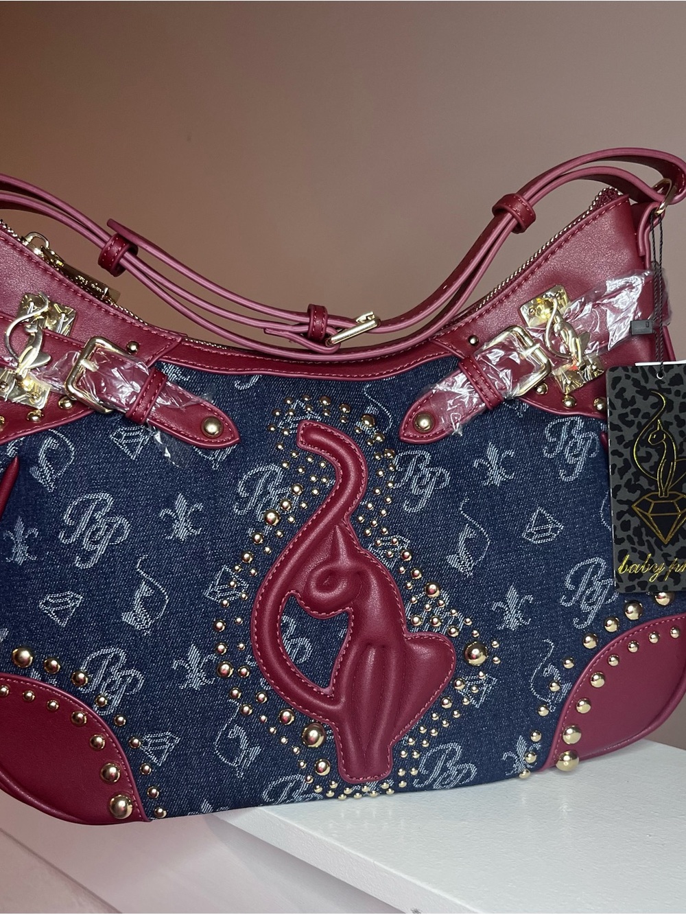 Women's Denim and Burgundy Studded Shoulder Bag Baby Phat